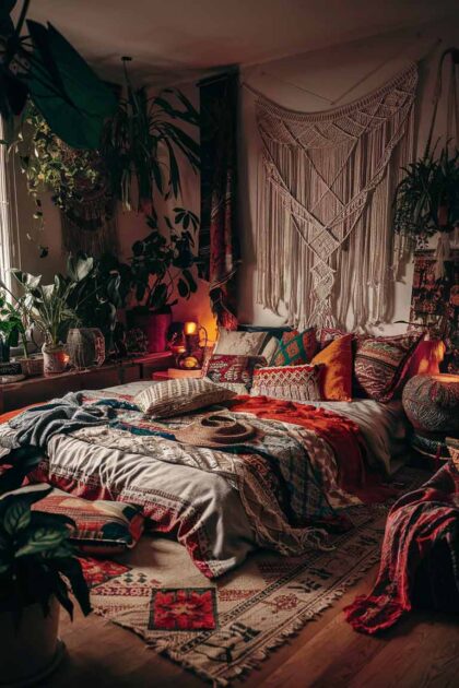 27 Boho Tiny House Bedroom Ideas for Dreamy Spaces 32 A fully styled boho bedroom. The space features a low bed with layers of colorful, patterned bedding, a macramé wall hanging, plenty of plants, a mix of global textiles, and warm, ambient lighting. The room looks cozy and personalized, with every element working together to create a harmonious boho retreat.
