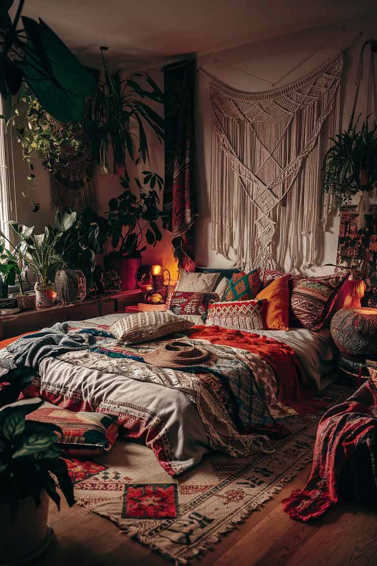 A fully styled boho bedroom. The space features a low bed with layers of colorful, patterned bedding, a macramé wall hanging, plenty of plants, a mix of global textiles, and warm, ambient lighting. The room looks cozy and personalized, with every element working together to create a harmonious boho retreat.