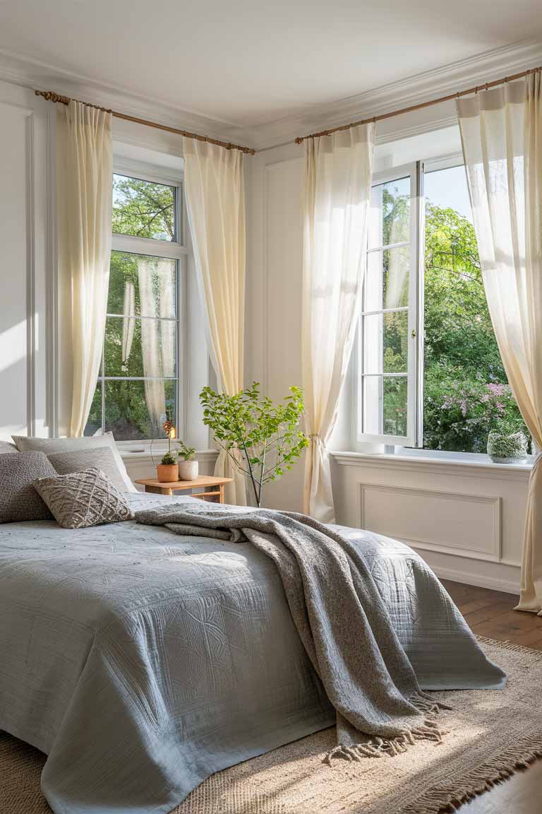 A bright, airy bedroom with white walls, a light grey bedspread, and cream-colored curtains. Natural light floods in through a large window, highlighting the various textures in the bedding and a single wooden bedside table.