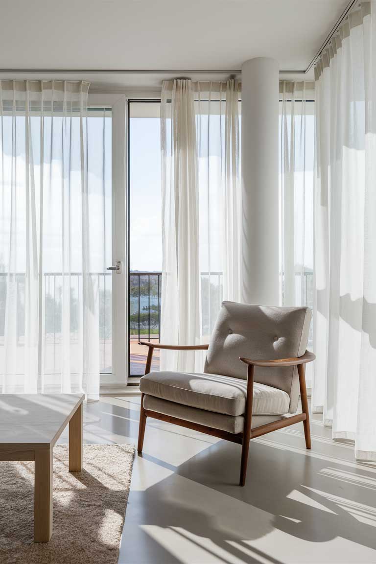 A bright, airy living room with floor-to-ceiling windows covered by sheer white curtains.