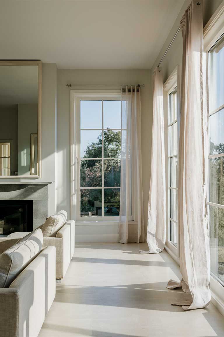 A bright, airy living room with large, unobstructed windows. The room features light-colored walls and a large mirror that reflects the natural light. Minimal window treatments, like sheer linen curtains, allow maximum light penetration. The furniture is arranged to not block the light, creating a sun-filled, spacious feel.