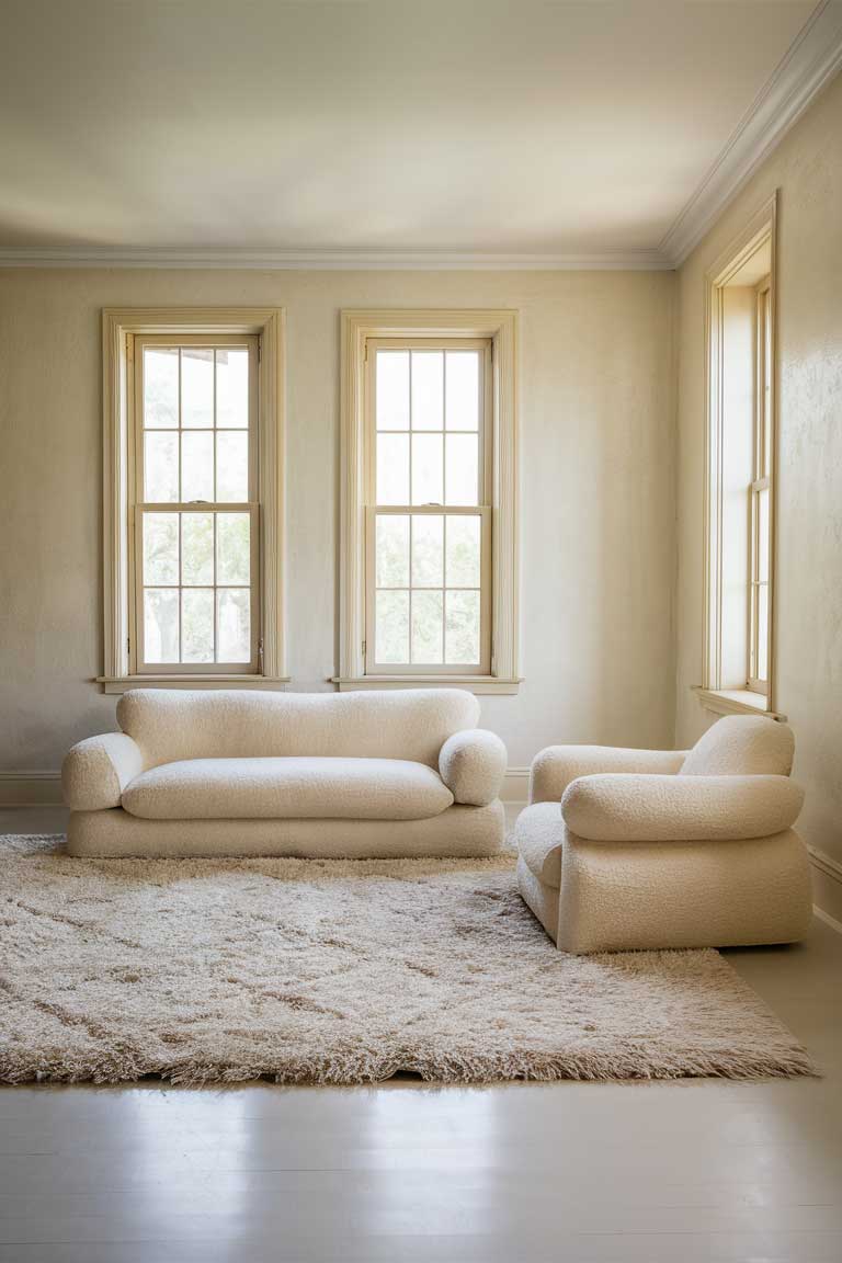 A bright, airy living room with off-white walls and large windows letting in natural light. The floor is a light hardwood, and a plush cream-colored area rug covers the center of the room. The furniture - a low-profile sofa and armchair - are in soft beige tones. The overall effect is serene and inviting.