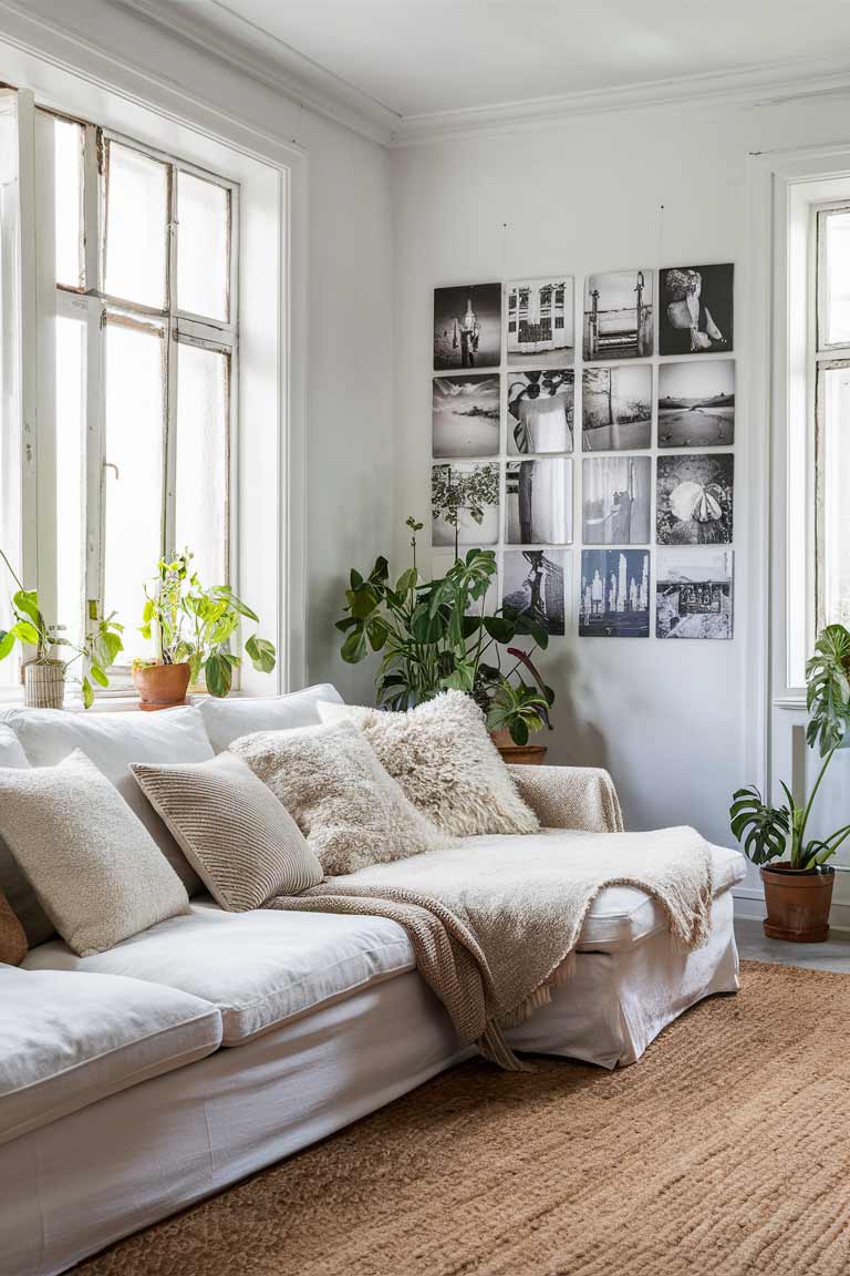 A bright, airy living room with white walls and large windows. A plush white sofa is adorned with textured throw pillows in various neutral shades. A natural jute rug covers the floor, and a gallery wall of black-and-white photographs adds visual interest. Several small potted plants are scattered throughout the room, adding a touch of green.