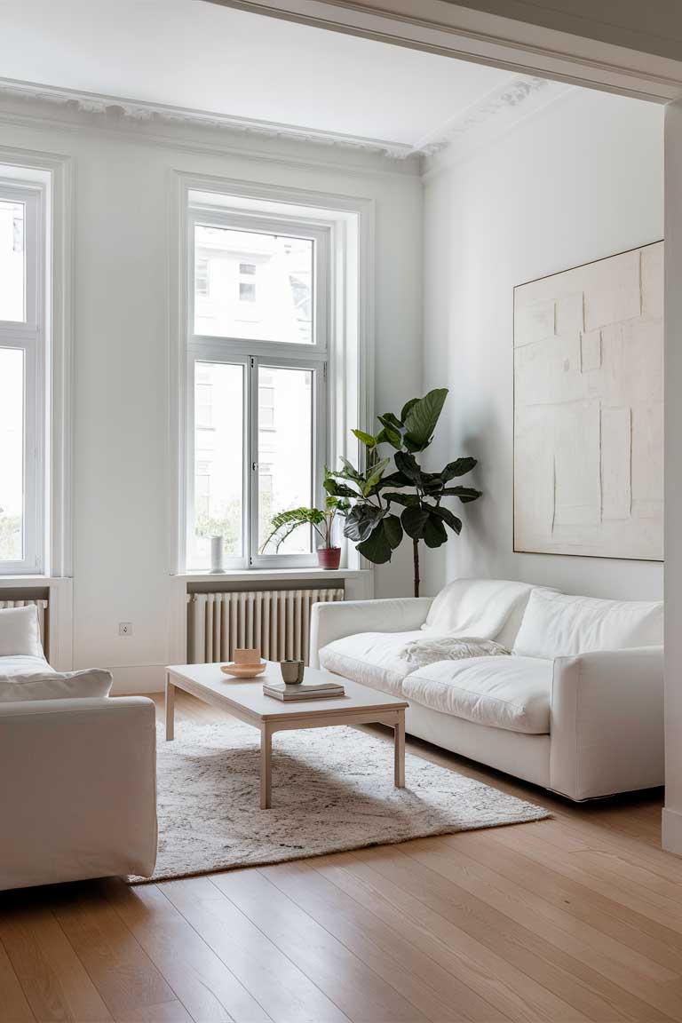 A bright, airy living room with white walls and large windows. Light wood floors reflect natural light. Minimal furnishings include a sleek white sofa, a light wood coffee table, and a single piece of large abstract art on the wall. A potted fiddle leaf fig tree stands in the corner, adding a touch of nature.