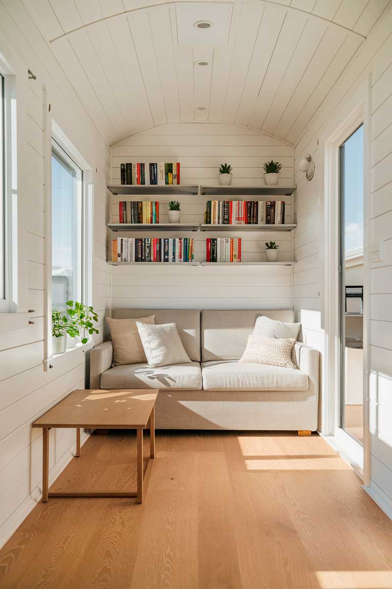 A bright, airy tiny house interior with light oak wood floors and white walls. A compact beige sofa sits against one wall, adorned with a few neutral cushions. Above the sofa, sleek wall-mounted shelves display a carefully curated collection of books and small potted plants. A slim wooden coffee table sits in front of the sofa, and a large window floods the space with natural light. The overall aesthetic is clean, uncluttered, and serene.