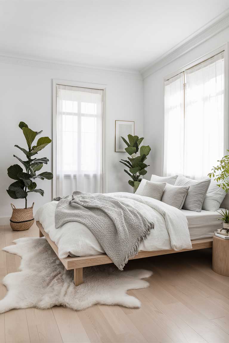 A bright, airy bedroom with white walls and light wood floors. The bed features a simple wooden frame and is dressed in white and light grey bedding. A sheepskin rug adds texture, and a few plants bring life to the space.