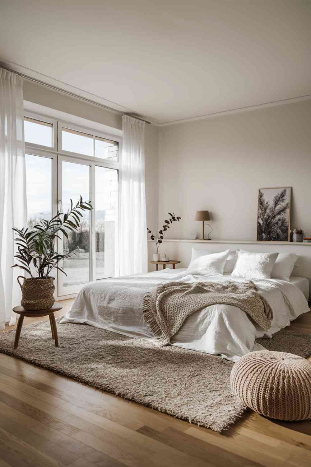 A bright Scandinavian minimalist bedroom with white walls and light oak flooring. A large window dominates one wall, letting in ample sunlight. The low-profile bed has crisp white linens and is positioned to catch the morning light. A single potted plant sits on a simple wooden stool beside the bed, adding a touch of nature to the minimalist space.