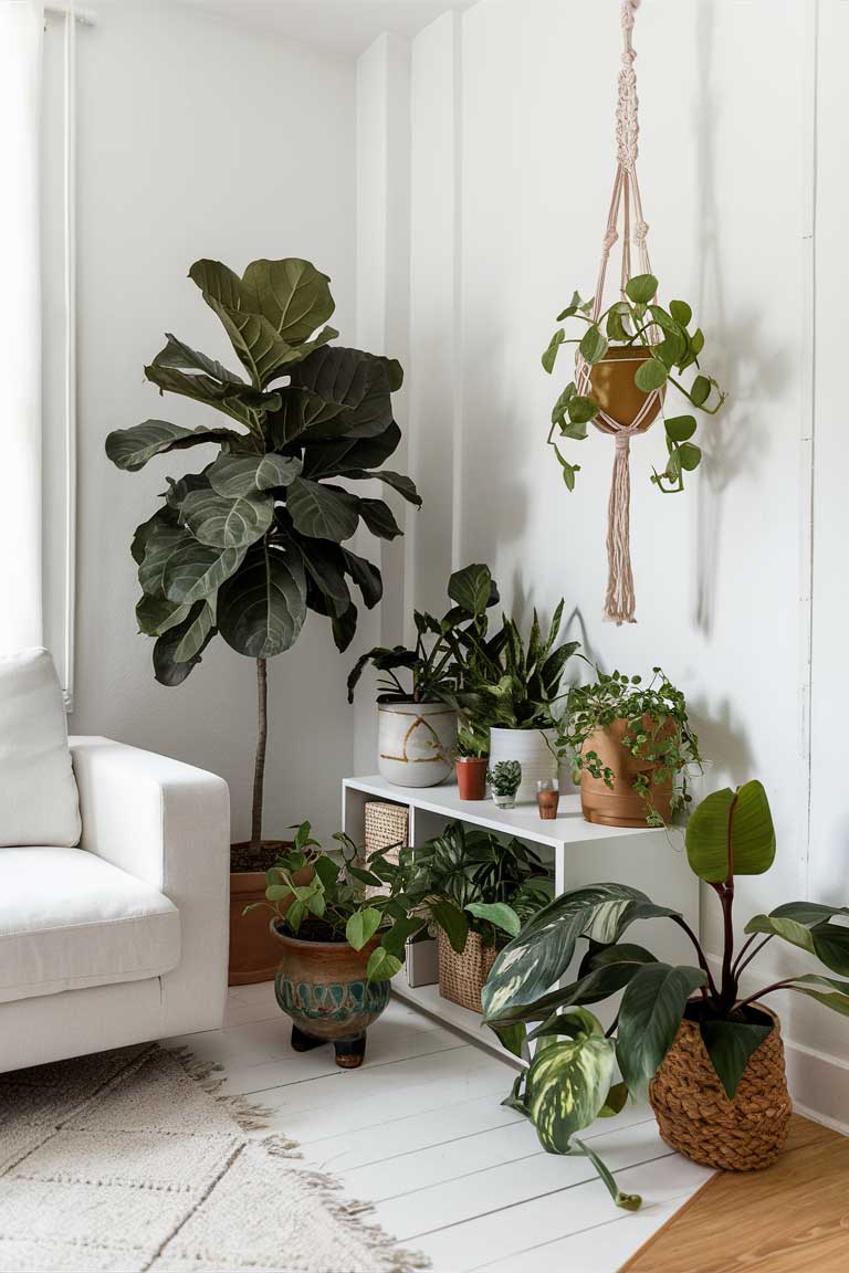 A bright living room corner with white walls and wooden floors. A large fiddle leaf fig tree stands tall next to a minimalist white sofa. On a nearby shelf, a variety of smaller plants in ceramic and woven pots create a green vignette. A hanging pothos trails down from a macramé plant hanger, adding vertical interest. The plants add vibrant green color and organic shapes to the otherwise simple space.