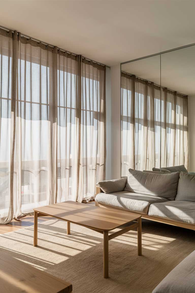 A bright living room with floor-to-ceiling windows covered with sheer linen curtains. The room is minimally furnished with a wooden coffee table and a light-colored sofa. A large mirror on one wall reflects the natural light, making the space feel open and airy.