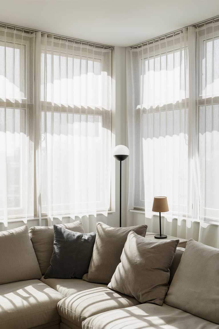 A bright living room with large windows covered by sheer white curtains.