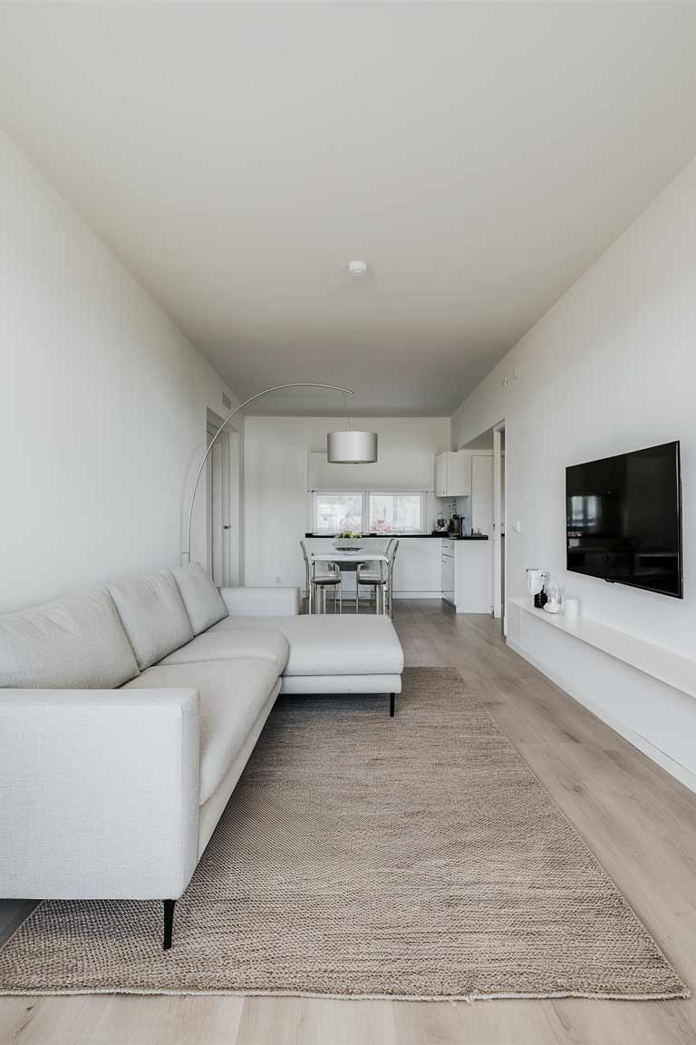 A minimalist open-concept living room with a light gray modern sectional sofa facing a wall-mounted TV. A large neutral area rug defines the seating area, while a sleek floor lamp arches over the sofa. The space flows seamlessly into a small dining area in the background.