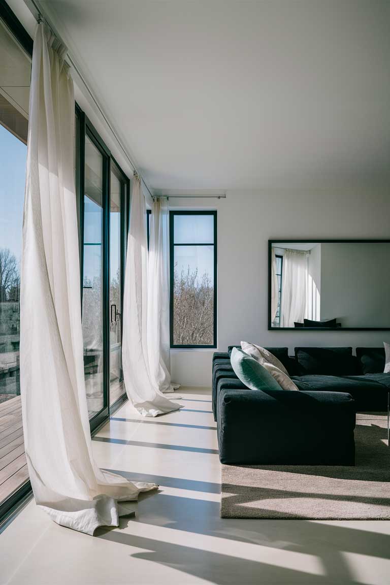 A bright minimalist living room with large floor-to-ceiling windows.