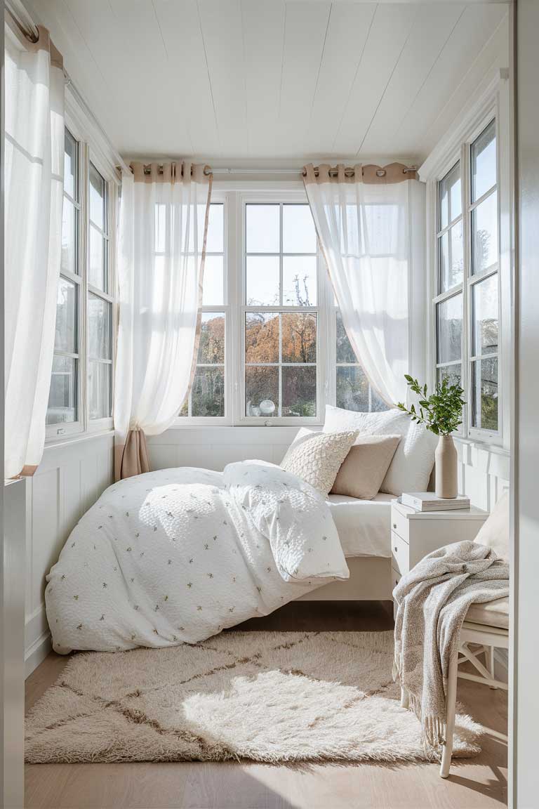 A bright bedroom with large windows covered by sheer white curtains that softly filter the sunlight. The room feels airy and open, with the light highlighting the crisp white bedding and pale wood floors.