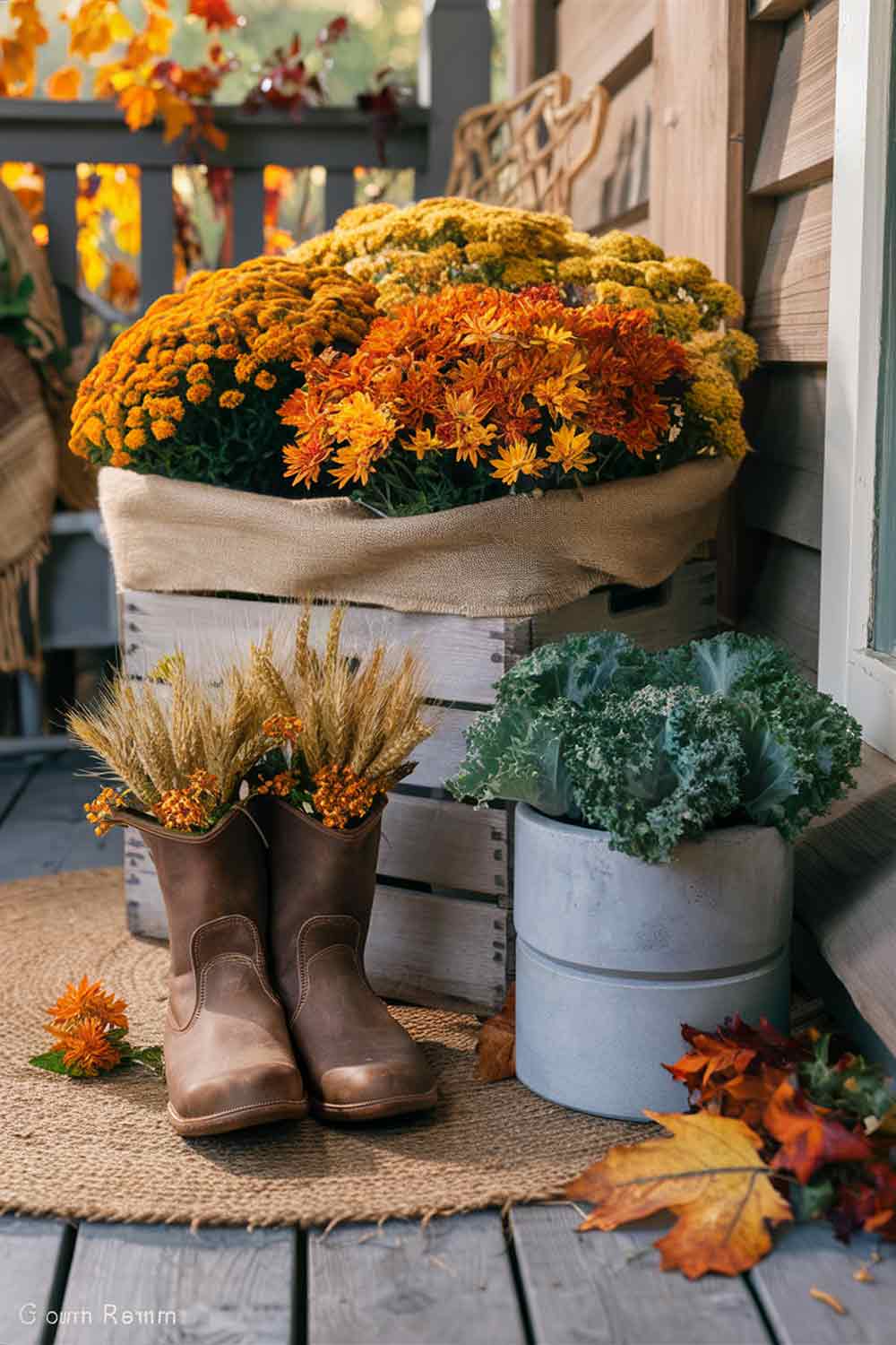 A porch corner featuring a weathered wooden crate lined with burlap and filled with vibrant orange and yellow mums. Next to it, a pair of old leather boots repurposed as planters hold sprigs of wheat and small orange flowers. A modern, cylindrical concrete planter with ornamental kale completes the eclectic grouping.