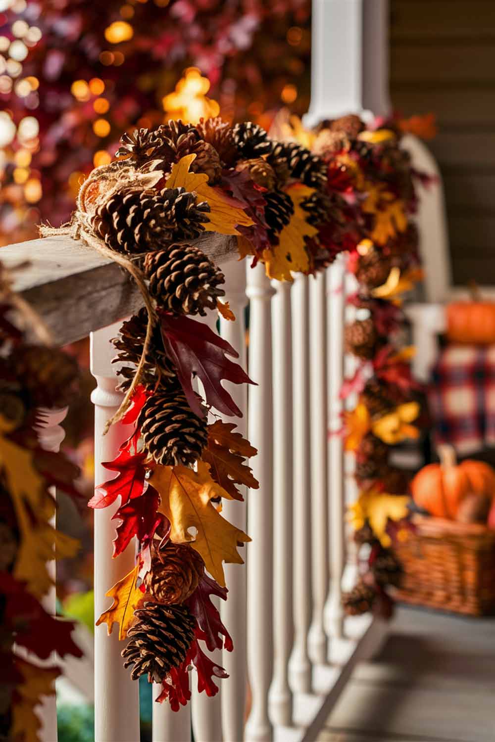 A close-up of a porch railing adorned with a simple, handmade garland. The garland features alternating small pine cones and clusters of dried oak leaves in rich autumn colors, tied together with natural twine.