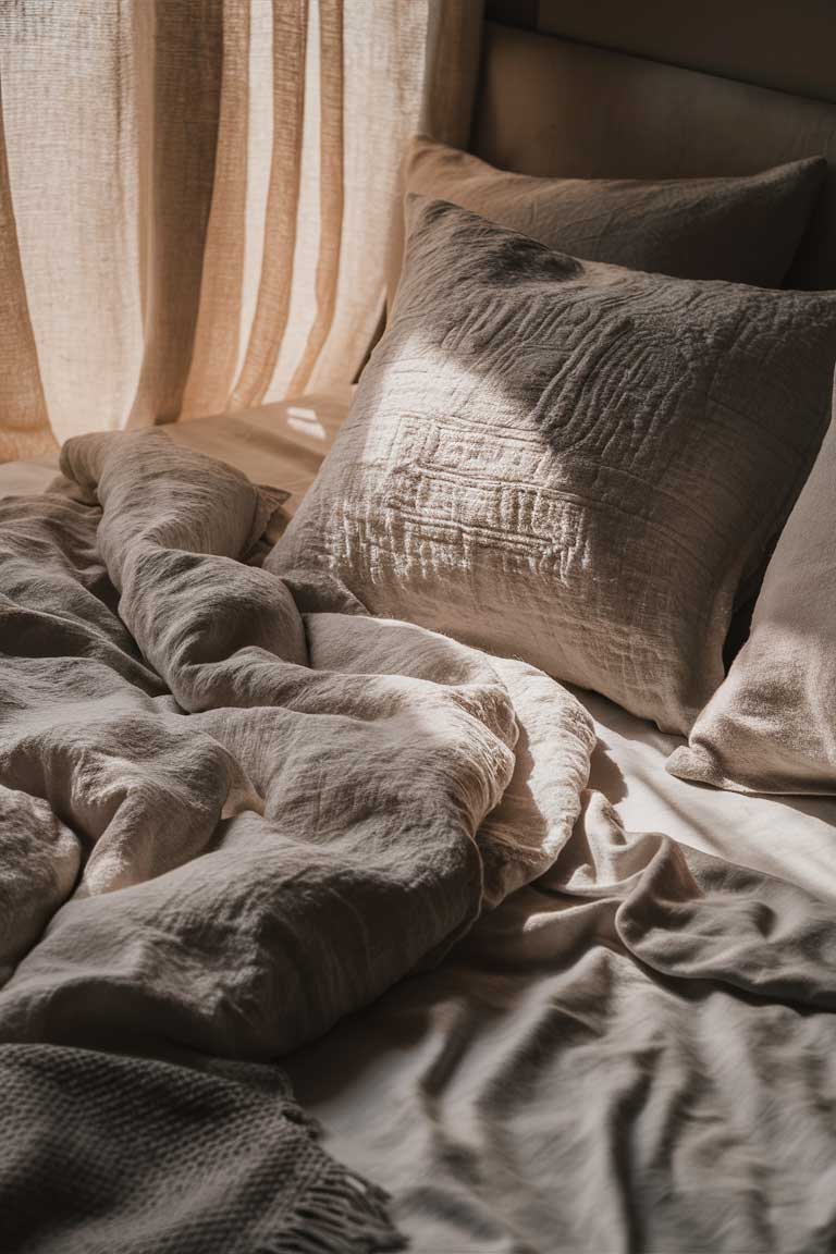 A close-up of a bed made with a textured white linen duvet cover featuring subtle geometric patterns. The duvet is slightly rumpled, giving it a lived-in look. A corner is pulled back to reveal crisp cotton sheets underneath.