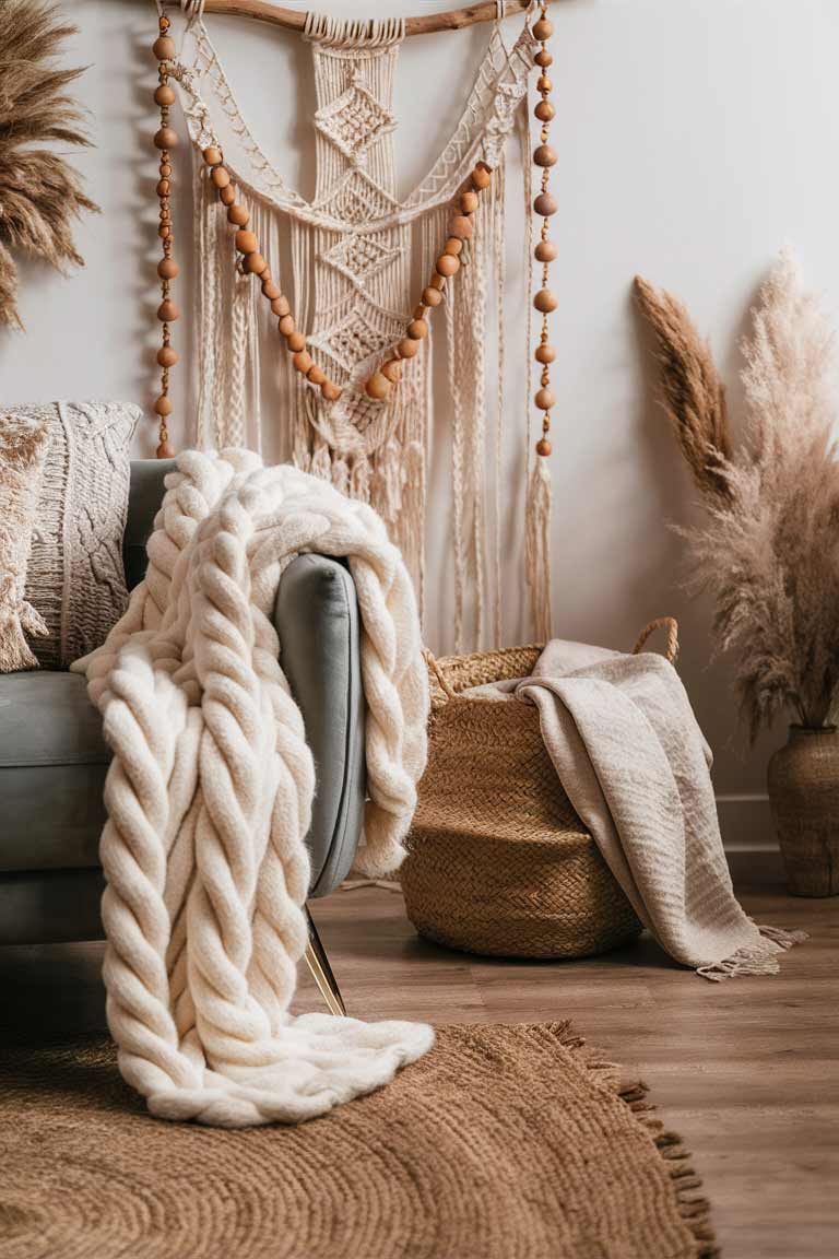 A close-up view of a living room corner. A large, chunky knit throw in cream drapes over the arm of a sleek sofa. On the floor, a handwoven jute rug adds rough texture. A macramé wall hanging with wooden beads adorns the wall, while a woven basket filled with soft blankets sits nearby. The contrasting textures create a rich, tactile experience.