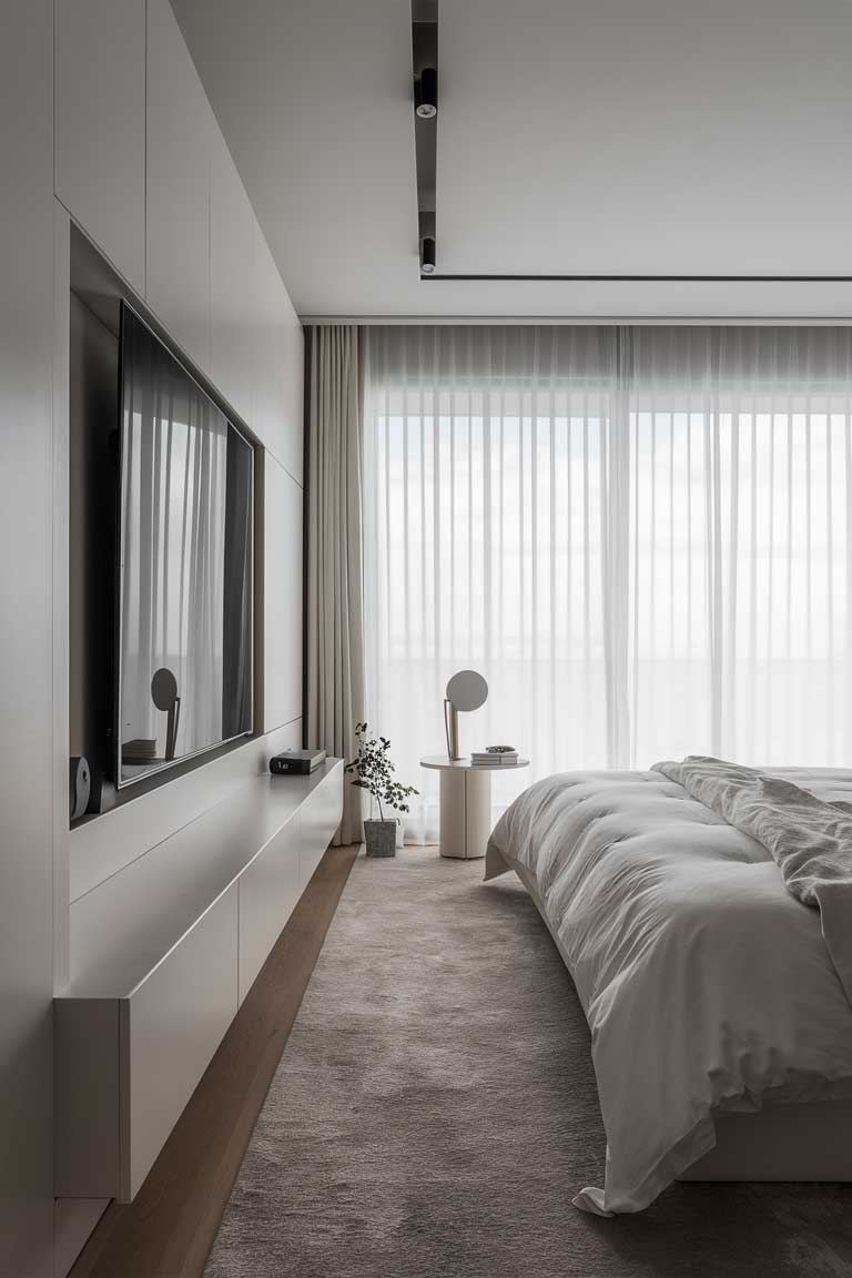 A wide shot of a minimalist bedroom with a large, flat-screen TV mounted on the wall opposite the bed. The TV blends seamlessly with the room's aesthetic, with no visible wires or bulky entertainment center.