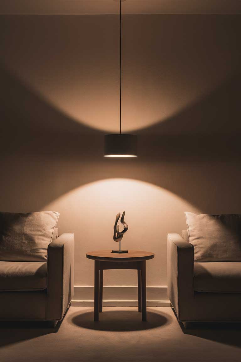 A minimalist living room with a bare pendant light hanging directly above a small, natural wood side table. The light provides a soft beam, illuminating a single decorative object on the table.