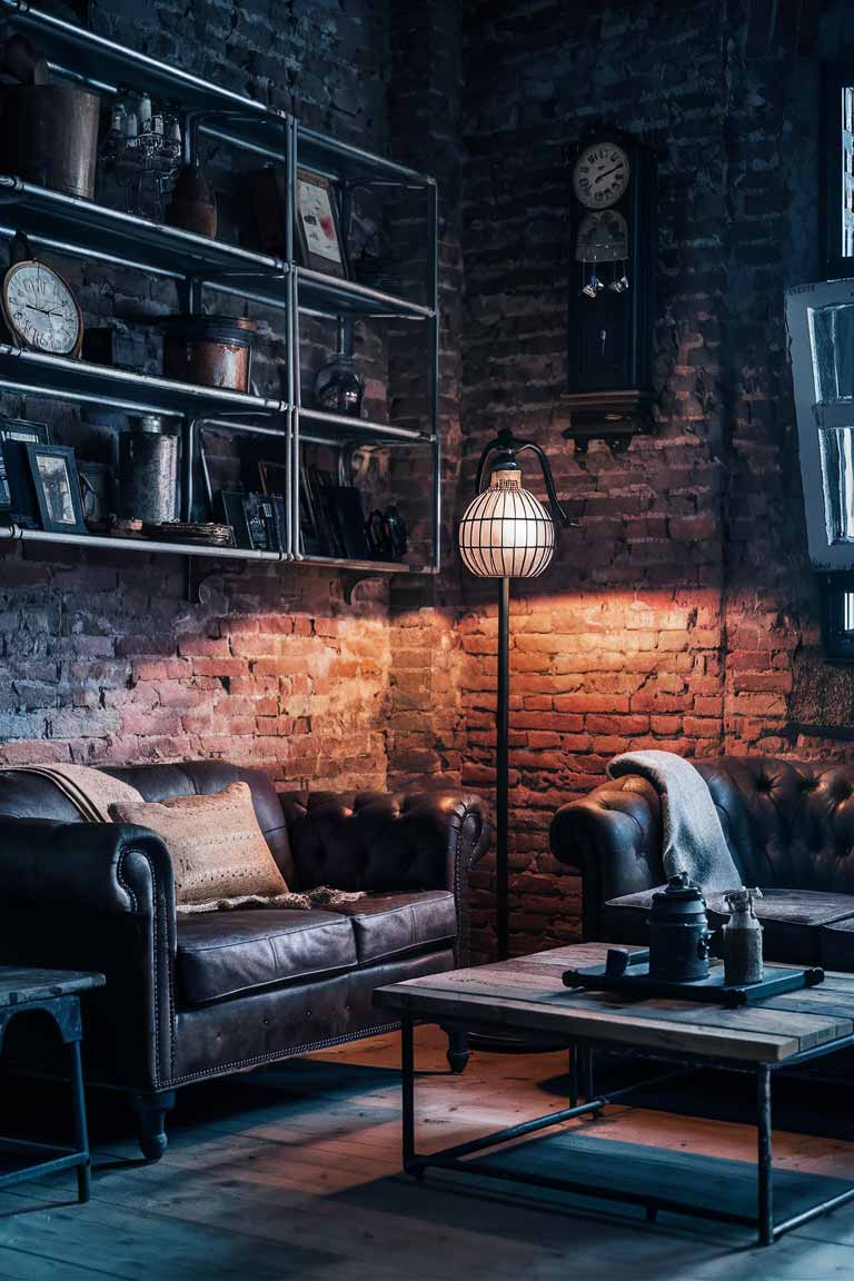 An industrial vintage tiny living room. The room has exposed brick walls, a worn leather sofa, and a reclaimed wood coffee table. Include metal shelving with vintage decor items displayed. There should be an industrial-style floor lamp with a cage shade and an old-fashioned clock on the wall. The photograph should capture the raw, edgy feel of industrial style combined with vintage elements in a compact space, with moody lighting to enhance the industrial atmosphere.