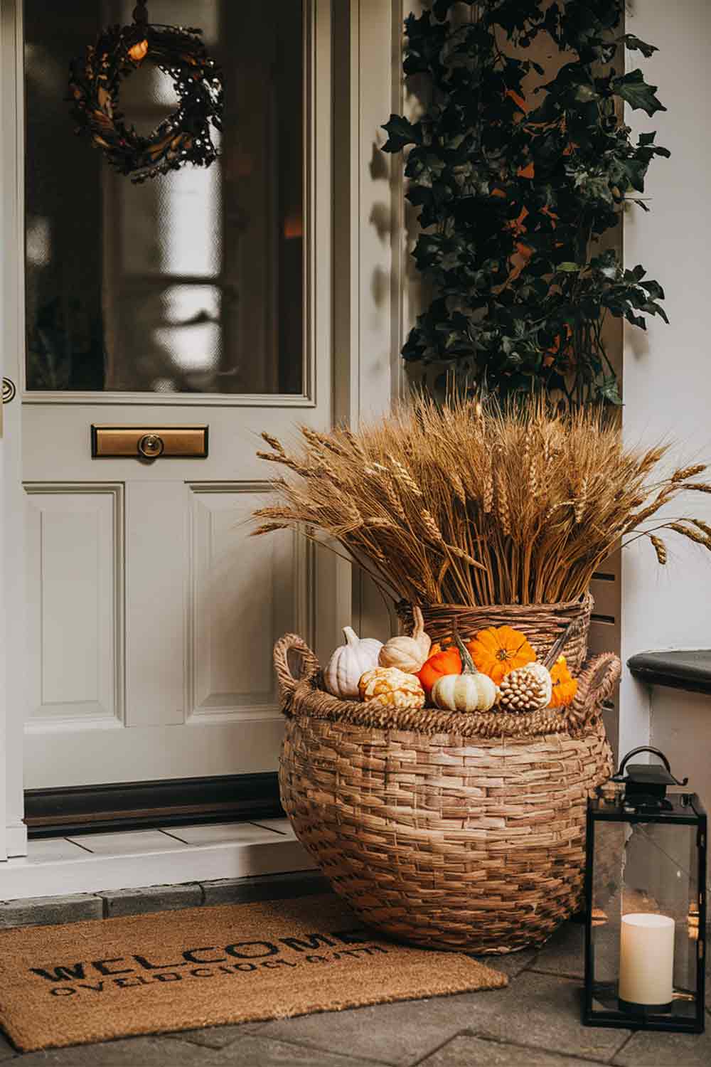 A front door with a natural jute doormat in front. To the side, a large woven basket filled with an assortment of small gourds and pumpkins sits next to a tall, clear glass vase containing dried wheat stalks.