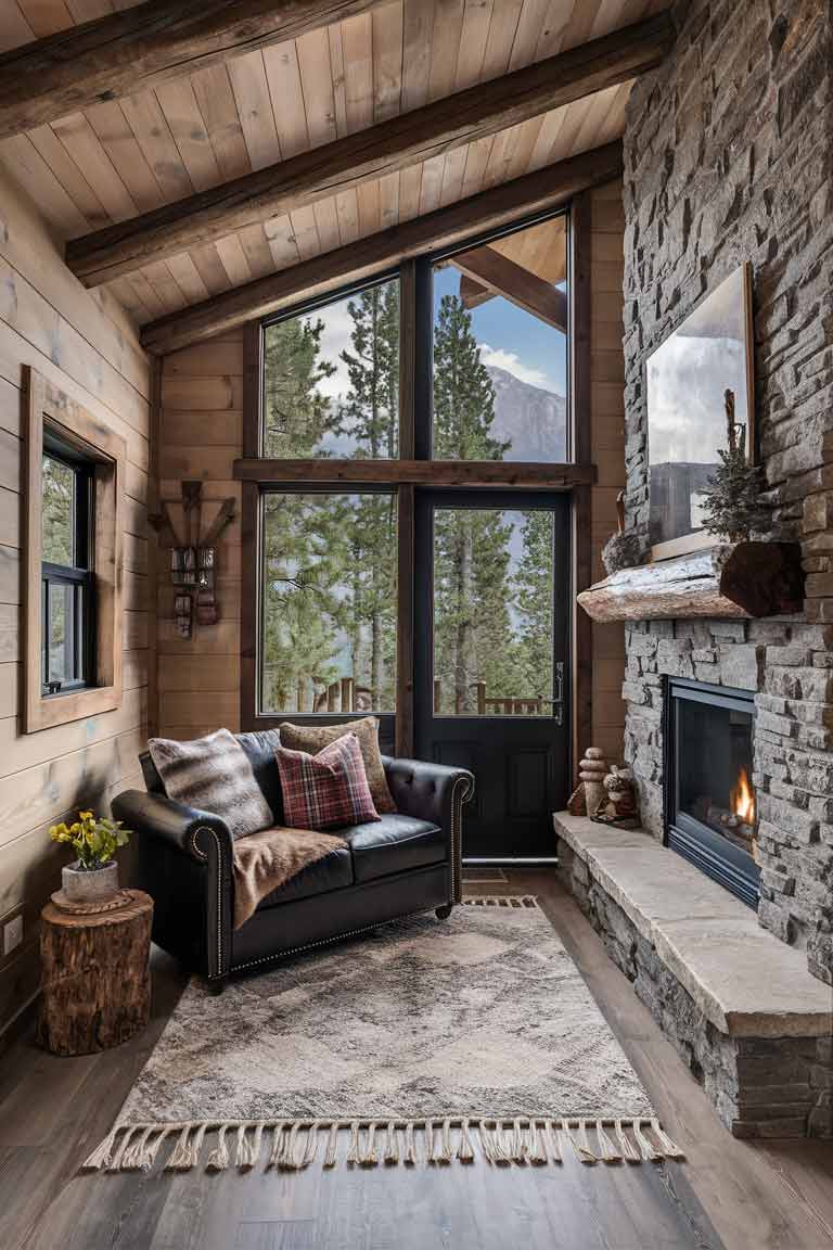 A cozy rustic tiny living room with mountain lodge inspiration. The space features a small leather sofa with plaid and faux fur pillows. A stone fireplace dominates one wall, with a wooden mantel displaying a few rustic accents. Exposed wooden beams cross the ceiling, which slopes upward to create a sense of height. A large window shows a view of pine trees, connecting the interior to its mountainous surroundings.