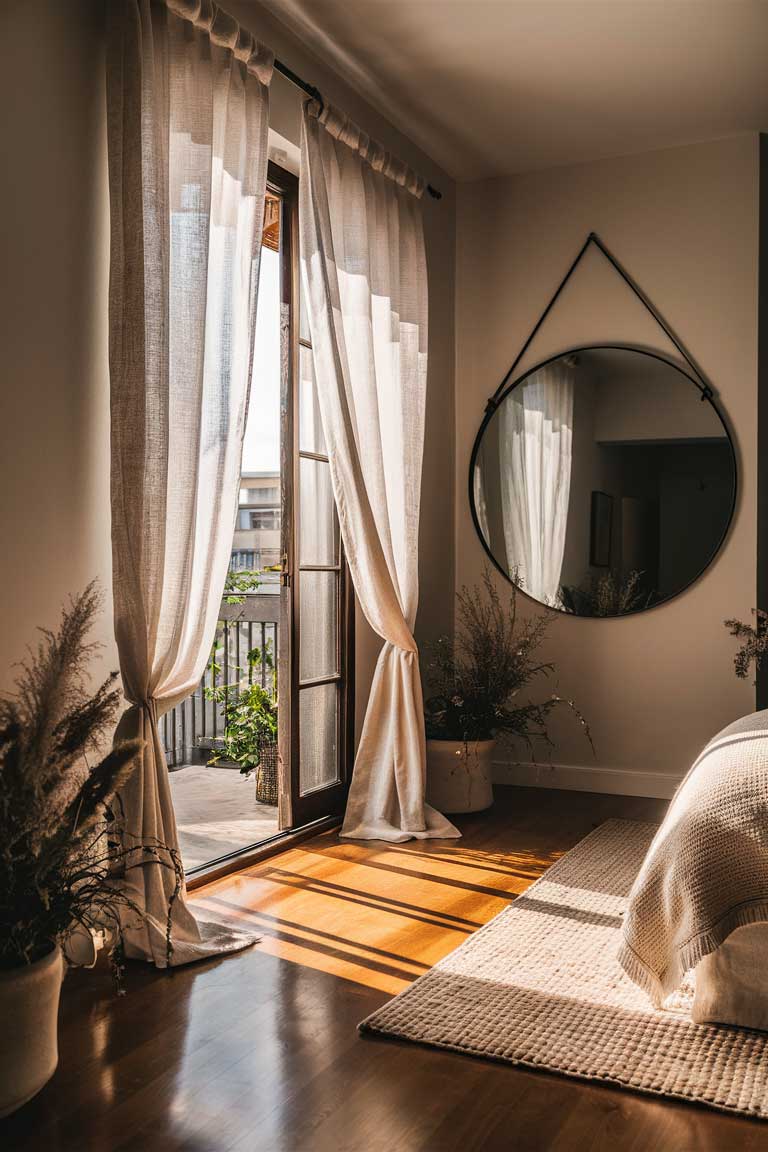 A bedroom window with sheer white linen curtains gently billowing in a breeze. Soft, diffused sunlight streams through, casting a warm glow on a wooden floor. A large round mirror on the adjacent wall reflects the light, brightening the entire space.