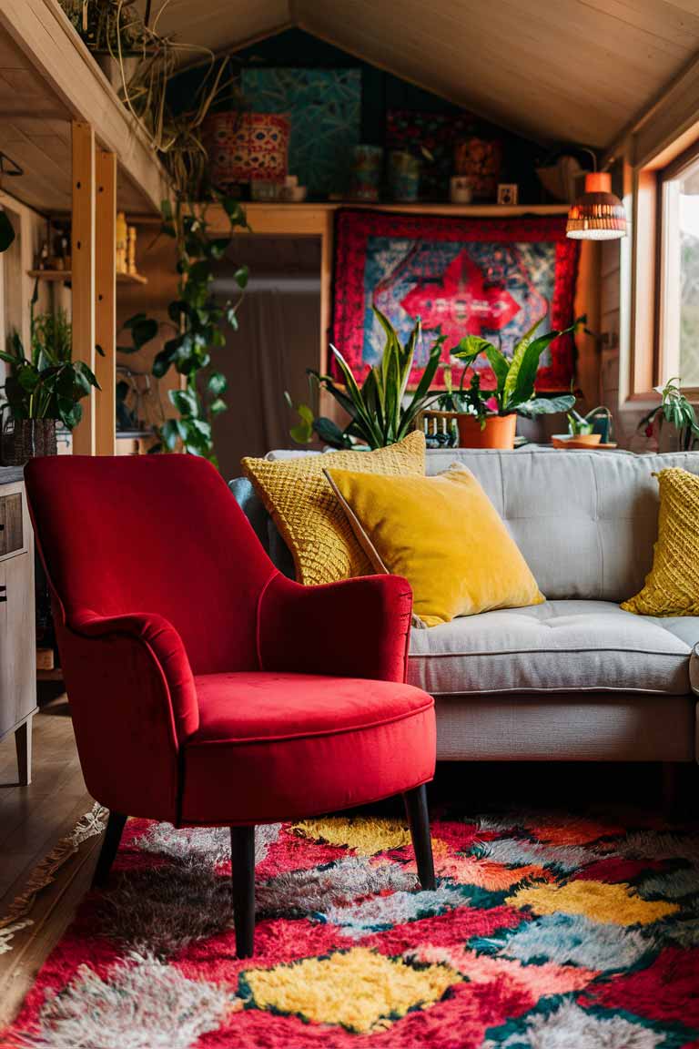 A close-up of a tiny house living area showcasing a vibrant color palette. A deep red velvet armchair sits atop a multi-colored Moroccan rug. Bright yellow and green throw pillows adorn a neutral-toned sofa. The background shows glimpses of colorful artwork and plants, creating a rich, layered look.