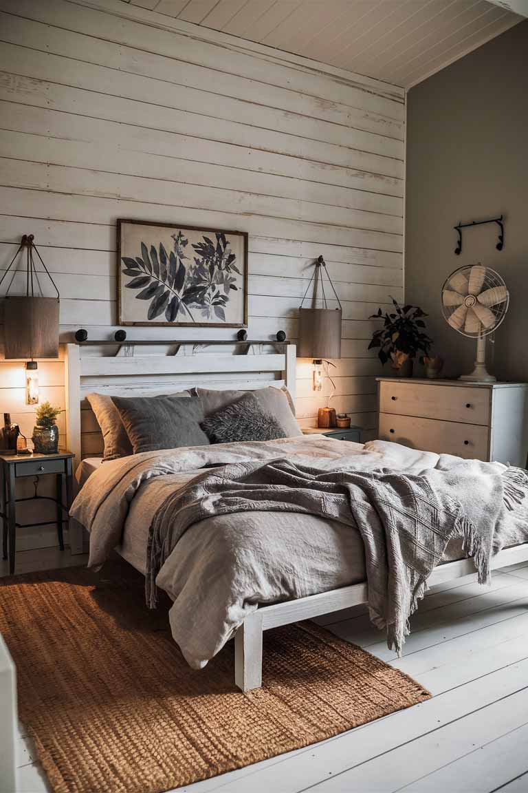 A bedroom showcasing modern farmhouse style. The focal point is a whitewashed wooden bed frame with simple lines. One wall features white shiplap paneling, while the others are painted a soft gray. A vintage metal fan sits on a sleek wooden dresser, blending old and new elements.