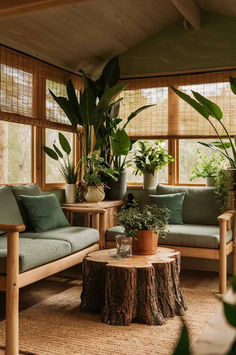 A tiny house living room with a strong nature-inspired theme. Wooden furniture dominates, including a wooden sofa with green cushions and a coffee table made from a polished tree stump. Large potted plants of varying sizes are placed strategically around the room. The walls are painted in a soft, earthy green tone. Bamboo blinds cover the windows, filtering natural light. The overall effect is of a serene, forest-like retreat.