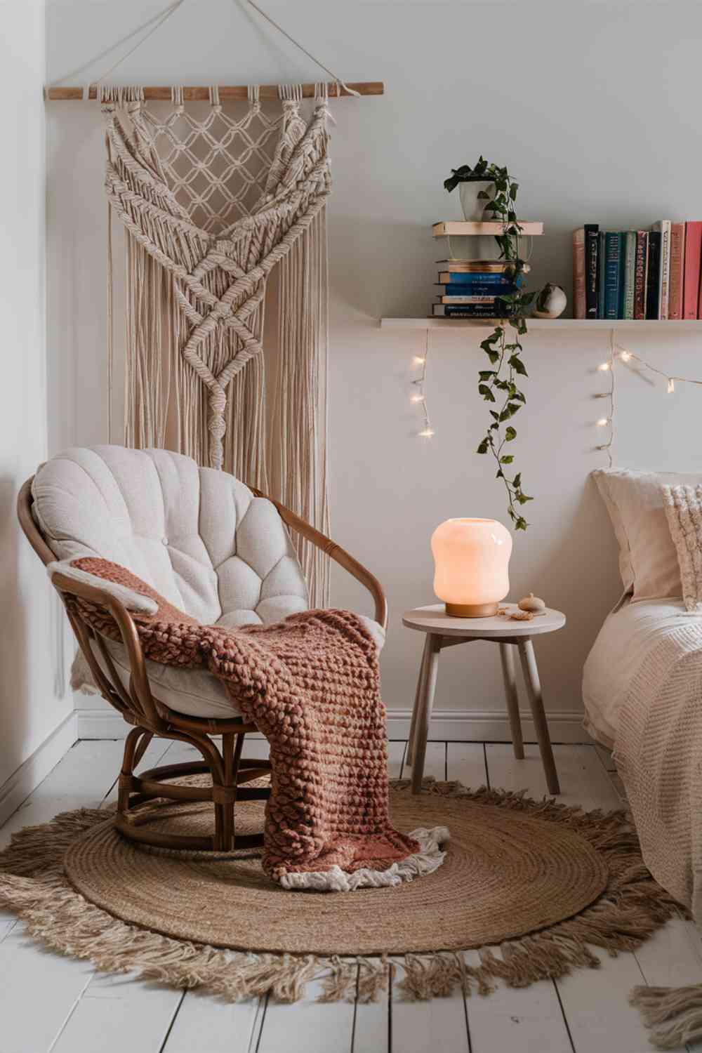 A cozy reading nook in the corner of a minimalist boho bedroom. There's a comfortable rattan papasan chair with a fluffy cream cushion and a soft, knitted throw draped over it. Next to the chair is a simple wooden side table with a ceramic table lamp and a small stack of books. A floating shelf above holds a few more books and a small potted plant. A round jute rug defines the space, and a macramé wall hanging adds texture to the wall behind the chair.