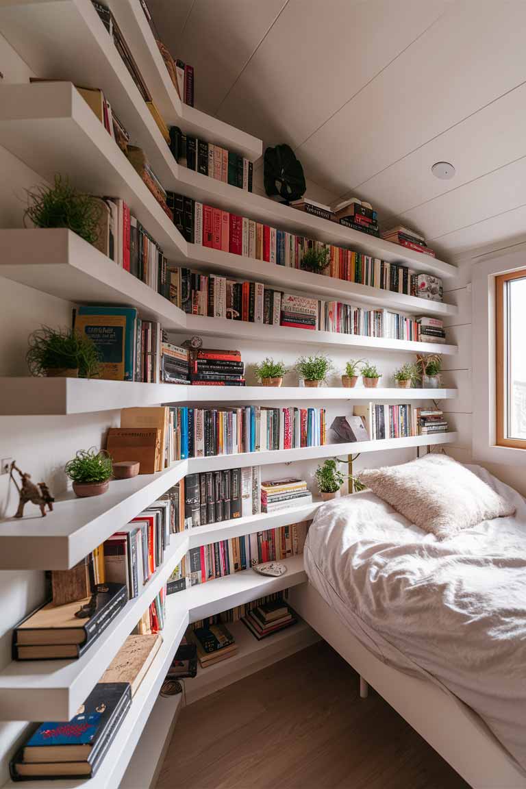 A tiny house bedroom wall with a creative arrangement of floating shelves. The shelves hold a mix of books, small plants, and decorative items. The shelving system extends from floor to ceiling, making use of the entire wall space. The shelves are painted white to blend with the wall, creating a seamless look.