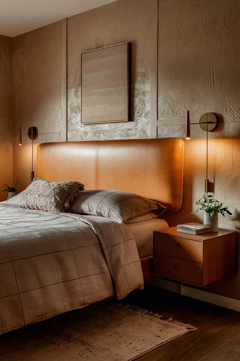 A bedroom featuring a smooth leather headboard in a warm tan color against a textured wallpaper in a similar shade. The contrast between the smooth and rough textures adds depth to the monochromatic color scheme.