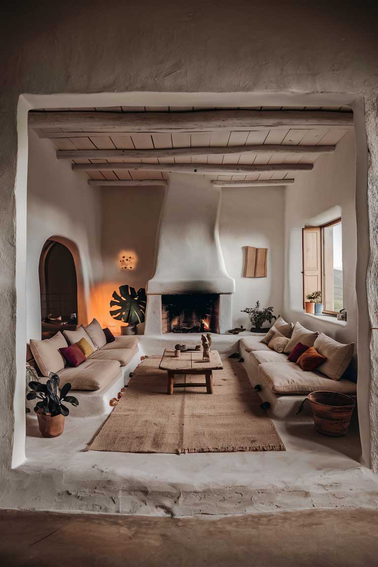 A captivating photo of a minimalist farmhouse living room adorned with rustic charm and simplicity. The main focus is a large, comfortable couch in light earth tones, surrounded by a few carefully chosen plants. The walls are painted in soft white, with a cozy fireplace as the focal point. The room is furnished with essential pieces, such as a wooden coffee table, a few colorful throw pillows, and a floor lamp that emits a warm glow. The large windows allow natural light to illuminate the space and provide a serene view of the rolling hills outside.