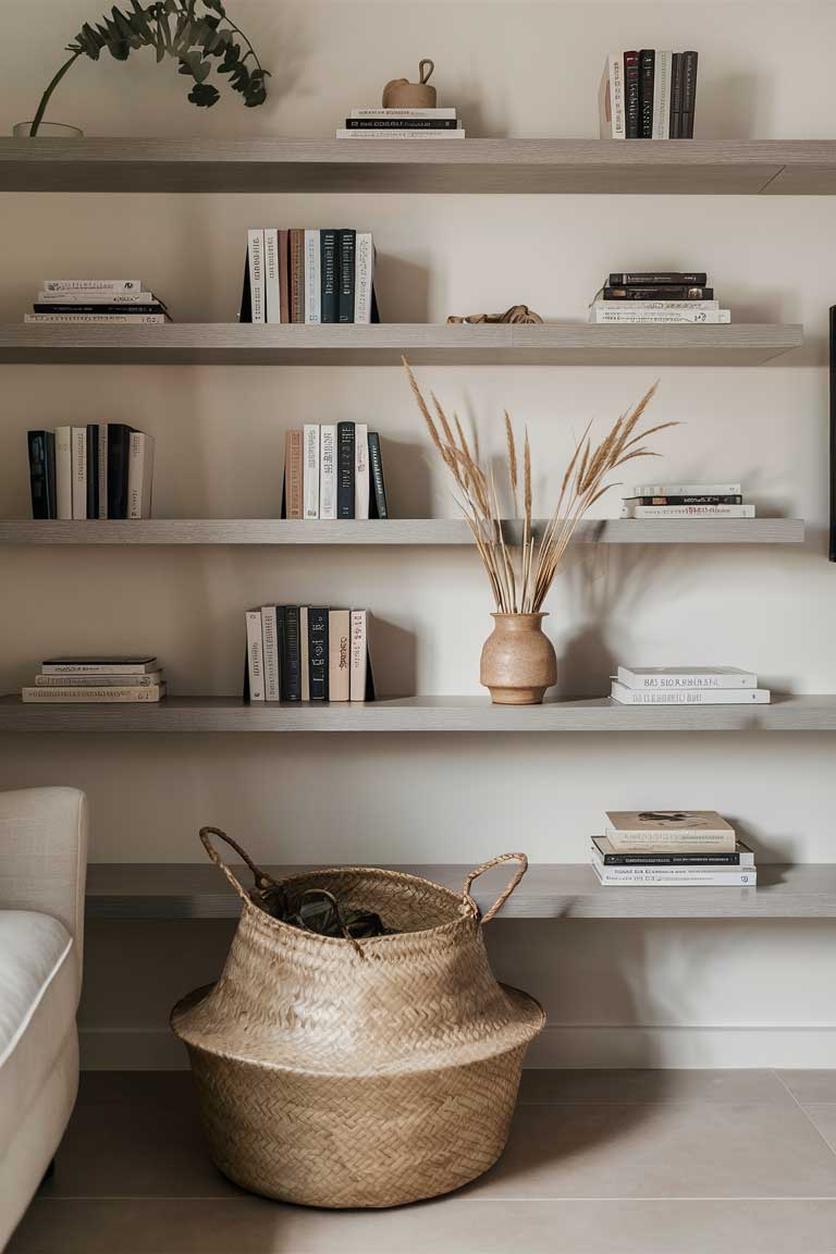 A wall in a living room featuring simple, floating wooden shelves. The shelves display a carefully curated selection of objects: a few hardcover books, a ceramic vase with dried grasses, and a small potted plant. Below the shelves, a large woven basket sits on the floor, providing hidden storage.