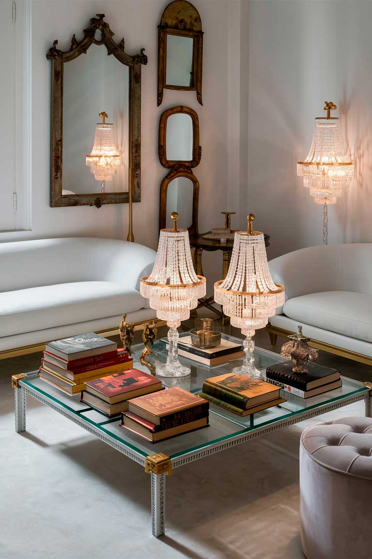 A minimalist living room featuring a white sofa and a glass-topped coffee table with gold accents. On the wall, an ornate, antique-inspired mirror adds a touch of vintage glamour. In the corner, a velvet ottoman provides additional seating, while a pair of crystal chandeliers cast a warm, elegant glow over the space. Vintage books and a mix of modern and antique decor pieces are artfully arranged on the coffee table, creating a visually interesting display.