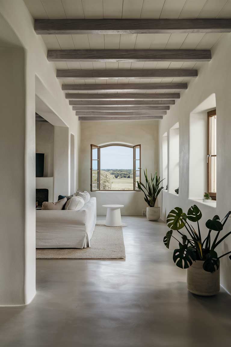 A modern, minimalist farmhouse living room, exuding a sense of tranquility and serenity. The room features a neutral color palette with white walls, light gray flooring, and wooden beams on the ceiling. A comfortable, plush white sofa is placed near a large window that offers a picturesque view of the surrounding countryside. A few simple, contemporary accents, such as a white side table and a few potted green plants, adorn the space. The overall ambiance of the image is clean, spacious, and inviting.