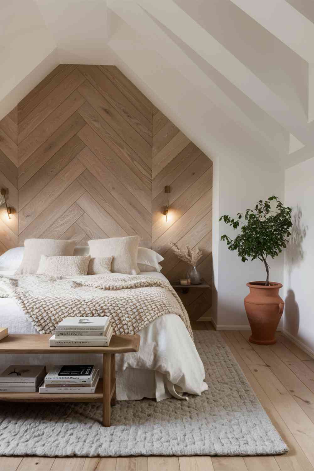 A Scandinavian minimalist bedroom featuring a stunning wooden accent wall behind the bed, made of light-colored wood planks arranged in a subtle herringbone pattern. The rest of the walls are painted in a soft, warm white, creating a serene and inviting space. The bed is dressed in luxurious white linens with a plush, textured beige blanket casually draped at the foot. A few soft, cream-colored throw pillows add a touch of warmth and comfort. A simple wooden bench at the end of the bed holds a neatly stacked selection of hardcover books and a small, rustic terracotta pot with a leafy green plant. A soft, natural wool rug in a light gray hue adds warmth underfoot, complementing the light wood flooring. Soft, ambient lighting from a pair of minimalist sconces on either side of the bed casts a gentle glow, enhancing the room's cozy atmosphere.