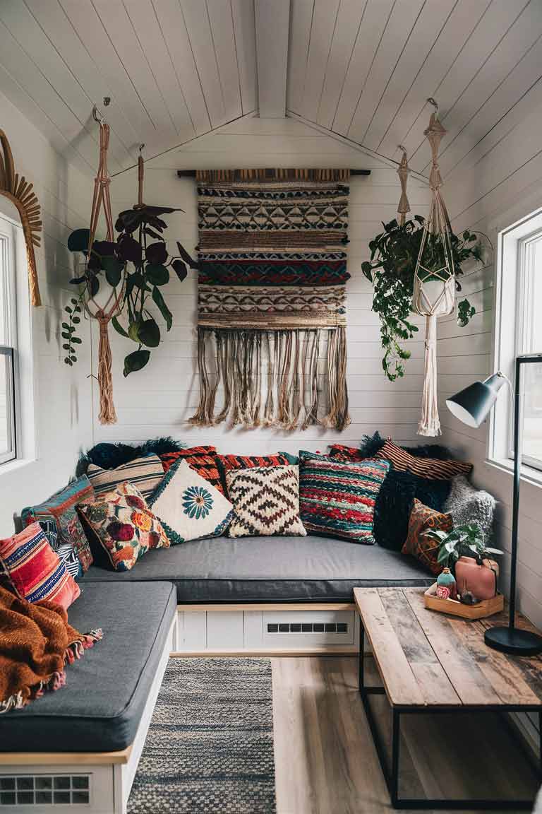 A vibrant tiny house living room showcasing a modern boho style. A low-profile sofa is adorned with an array of colorful, patterned throw pillows. A woven wall hanging serves as a focal point above the sofa. Plants in macramé hangers add a touch of greenery. A distressed wood coffee table contrasts with a sleek floor lamp. The space feels cozy and personalized, with a mix of textures and global-inspired elements.