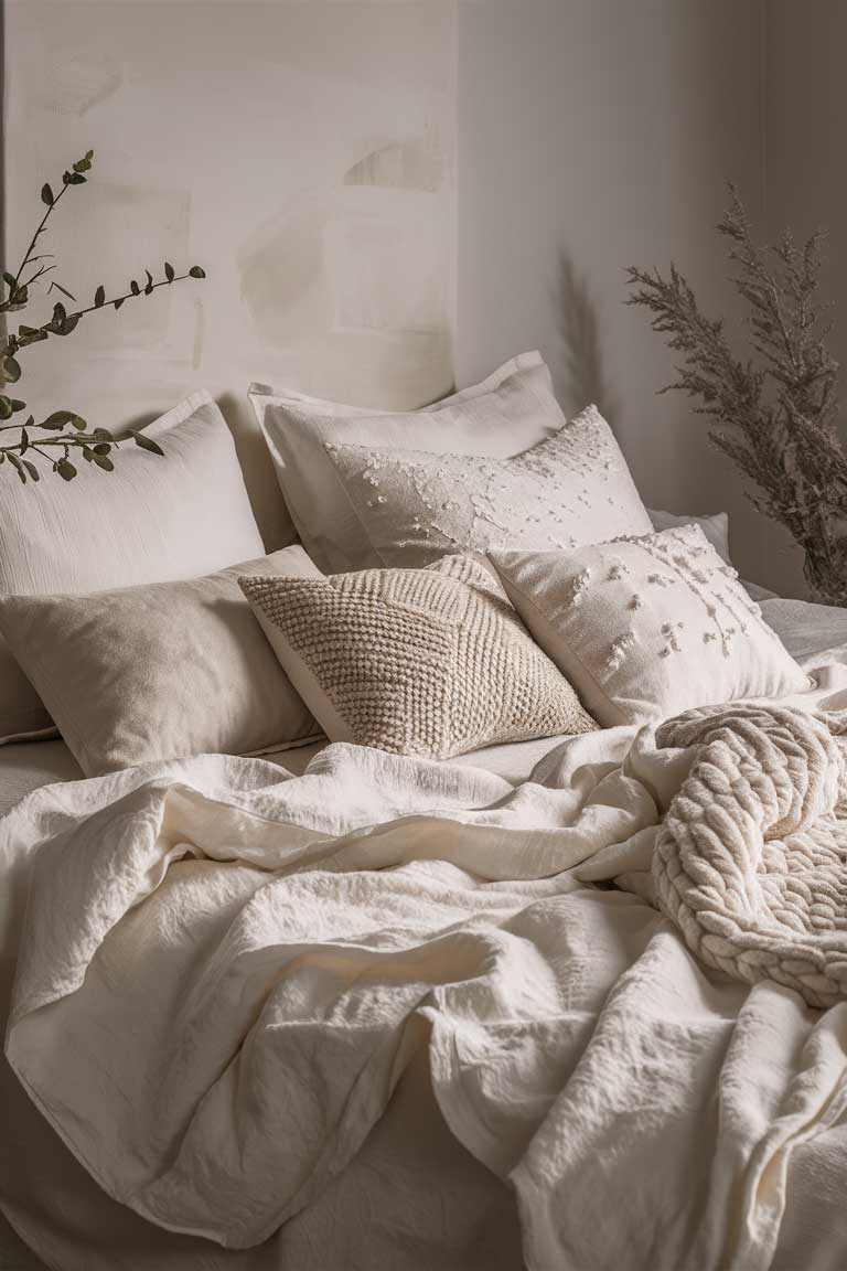 A bed made up entirely in shades of white, showcasing different textures. The sheets are crisp cotton, the duvet is soft linen, and a knit throw is draped at the foot of the bed, all in varying shades of white.