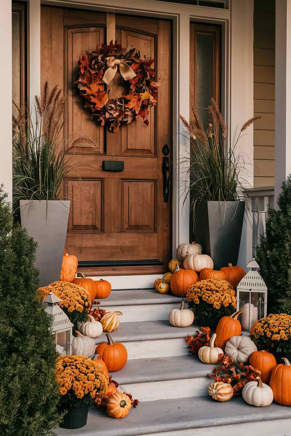 A front porch with a centered door, flanked by two identical tall planters filled with ornamental grasses. The steps leading up to the porch have a symmetrical arrangement of pumpkins and gourds on each side, gradually increasing in size as they near the door.