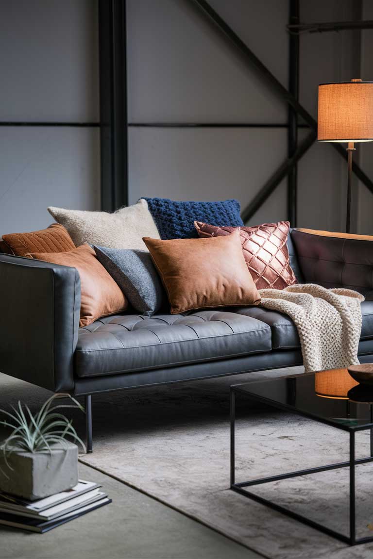 A close-up view of an industrial minimalist living room sofa, dressed with an artful arrangement of throw pillows and a cozy blanket. The pillows feature a mix of textures – smooth leather, nubby linen, and soft velvet – in shades of grey, tan, and deep blue. A chunky knit blanket in a soft cream color is casually draped over one arm of the sofa, inviting relaxation.