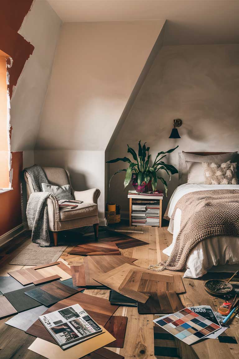 A bedroom in the process of transformation. One wall has been painted a soft, warm white, while another is in progress, showing the contrast between the old and new color. Samples of wood flooring are laid out on the existing floor, showcasing different tones and textures to choose from.