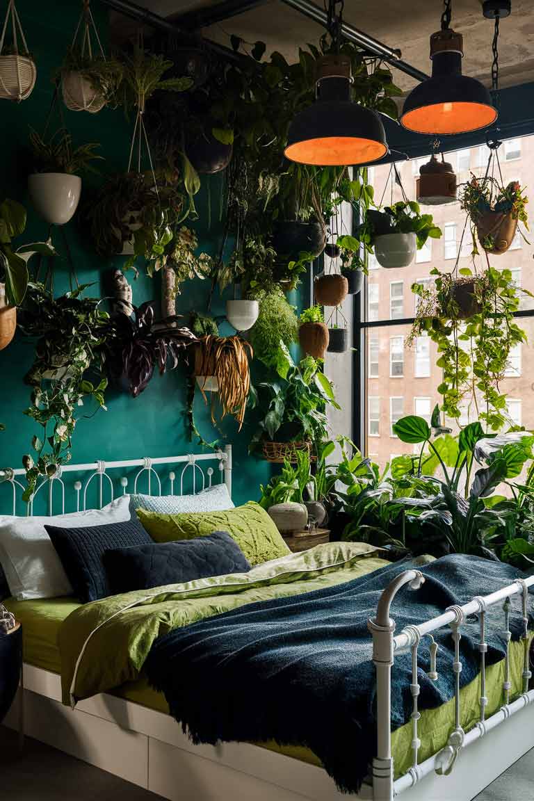 A tiny bedroom with bright green walls covered in hanging plants of various sizes. A white bed frame with green and black bedding stands out against the greenery. Industrial-style pendant lights hang from the ceiling, adding an urban touch to the jungle-like space.