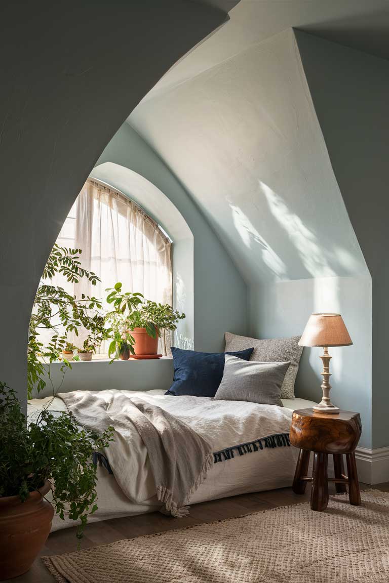 A bedroom nook with pale blue walls and a sloped ceiling. A low bed with navy blue cushions is tucked into the nook. A simple wooden stool serves as a nightstand, and a small window above the bed lets in natural light.