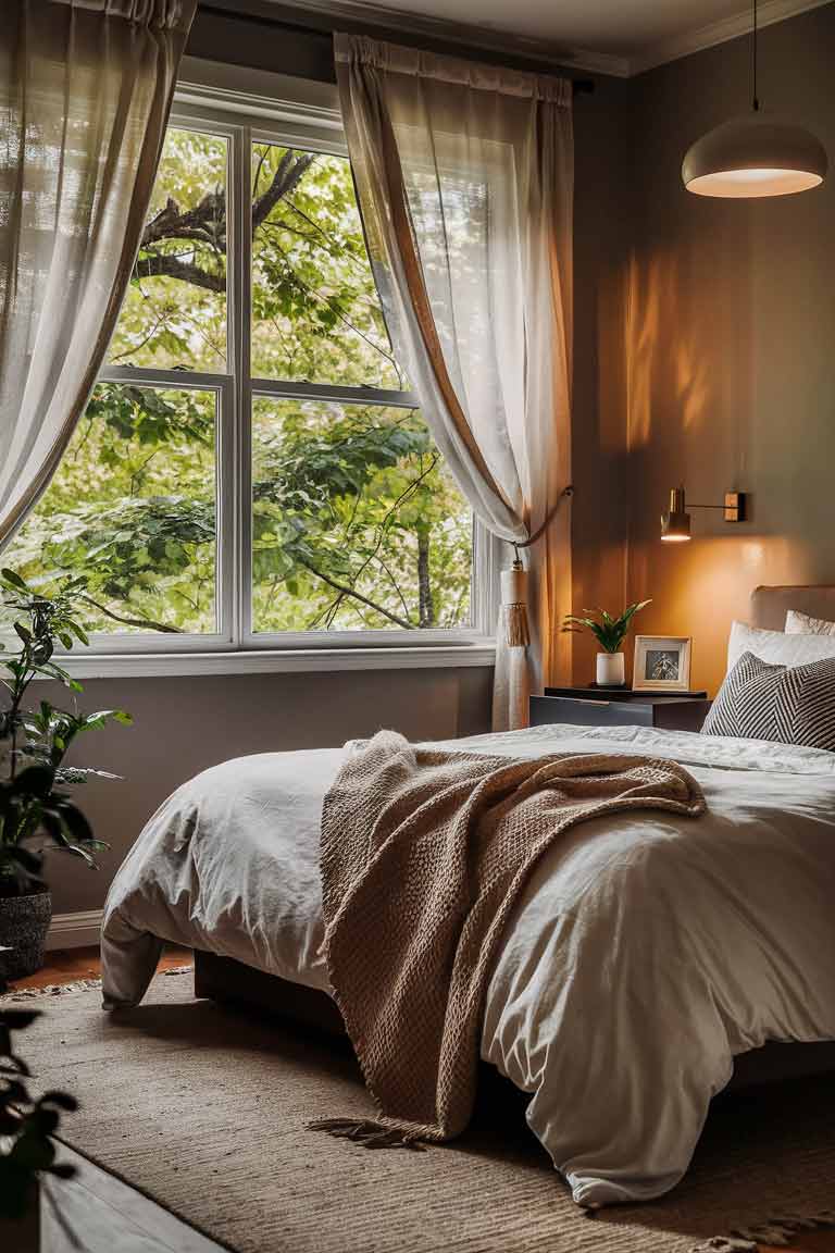 A wide shot of a small bedroom with the bed positioned under a window. Through the window, lush green trees are visible. The bedding is simple and white, and the walls are a soft, warm gray, creating a serene contrast with the vibrant green outside.