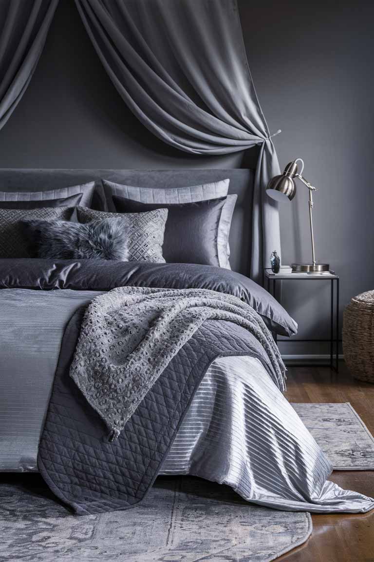 A bed styled in various shades of grey, from light silvery sheets to a charcoal duvet cover. The tonal variations add depth and interest to the monochrome scheme.