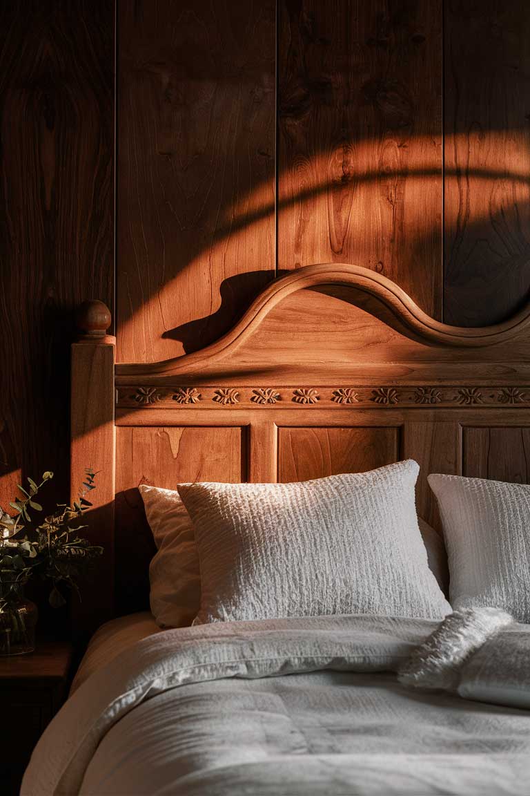 A detailed shot of a wooden headboard with a soft, warm light emanating from behind it. The light creates a halo effect on the wall, adding depth and warmth to the room. The bedding is simple and white, contrasting beautifully with the illuminated headboard.