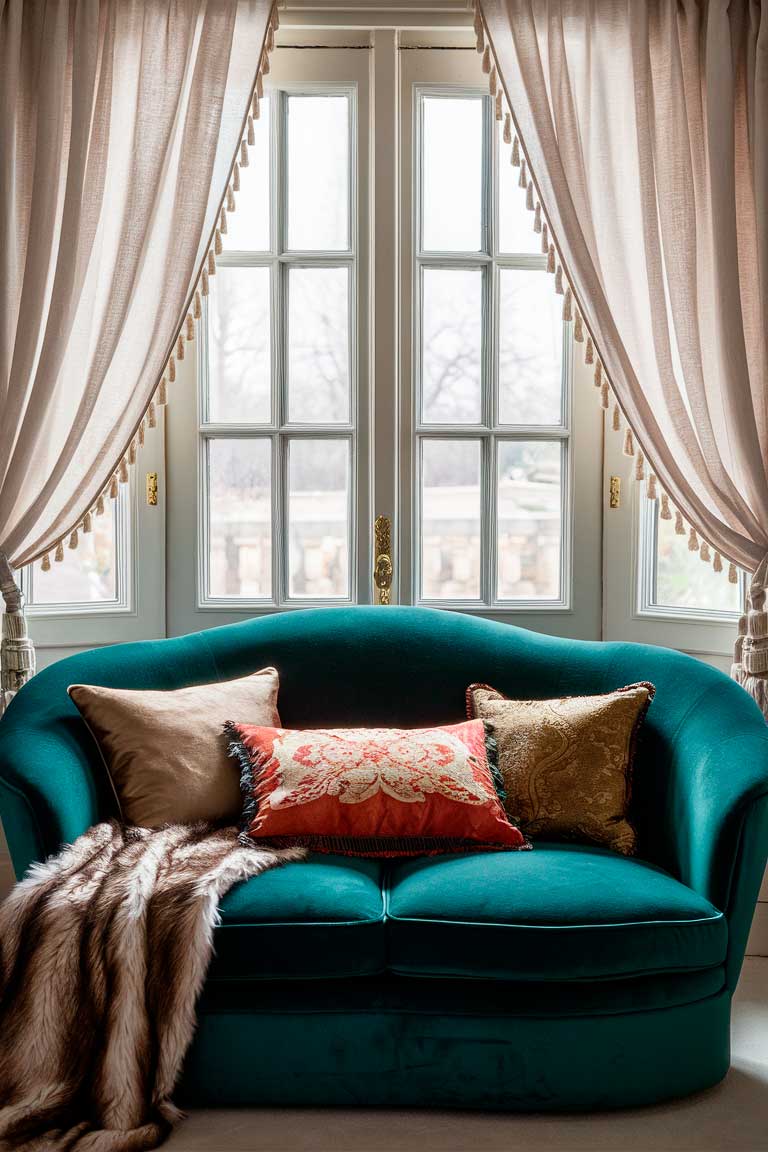 A small living room featuring a deep emerald green velvet sofa. Light linen curtains frame a large window, and a faux fur throw is draped over the arm of the sofa. Several silk and brocade throw pillows in complementary colors add texture and depth to the scene.