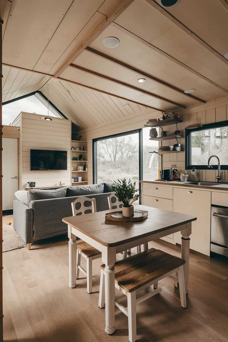 An open-plan tiny house interior showcasing a living room that seamlessly blends with a small kitchen area. A compact sofa faces a wall-mounted TV, with a small dining table doubling as a kitchen island. The color scheme is consistent throughout, with light colors and natural materials creating a sense of continuity.